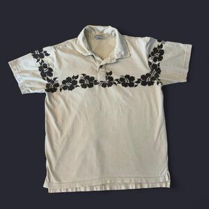 Vintage Y2K Cream Hawaiian Hibiscus Flower Wraparound Print Polo by Old Navy